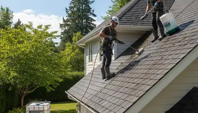 Professional roof cleaning service in Vancouver, WA removing moss and debris from a home roof