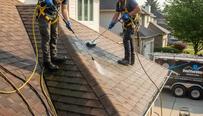 Roof cleaning in Vancouver, WA by FX Remodeling & Exteriors removes moss and debris from a home roof