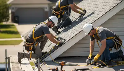 Roof repair crew in Vancouver, WA fixing storm-damaged shingles on a residential home