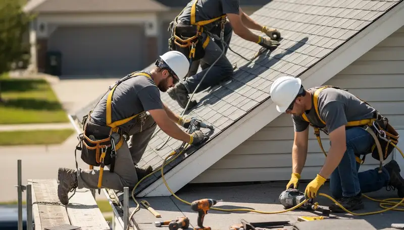 Roof repair crew in Vancouver, WA fixing storm-damaged shingles on a residential home